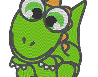May include: A green cartoon dinosaur with large eyes and a small orange crest on its head. The dinosaur is sitting with its legs crossed and its arms folded.