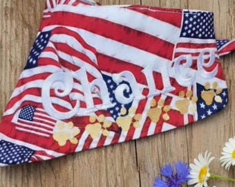 Personalized Dog Bandana | Patriotic American Flag | Custom Name Pet Scarf with Paw Prints | USA Flag Dog Accessories