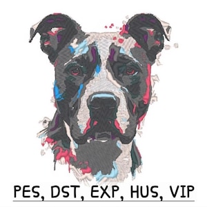 May include: Embroidered portrait of a dog's head, featuring a black and white color scheme with accents of blue and red. The dog's face is centered, with detailed stitching. The image includes the text "PES, DST, EXP, HUS, VIP" at the bottom.