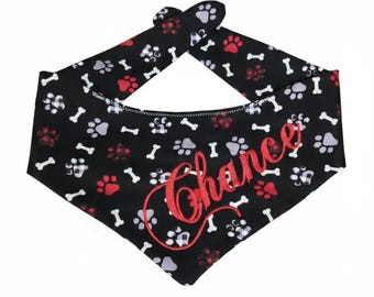 Personalized Black Dog Bandana with Bones And Paws – Custom Name Embroidered – 100% Cotton