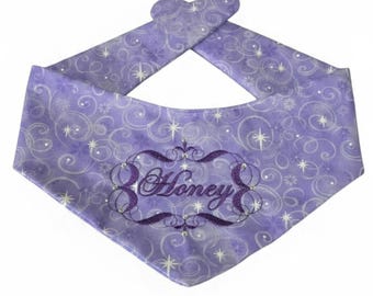 Personalized Purple Sparkle Dog Bandana - Custom Embroidered Name, Tie-On Pet Scarf, Sparkly Princess Rhinestone Bandana
