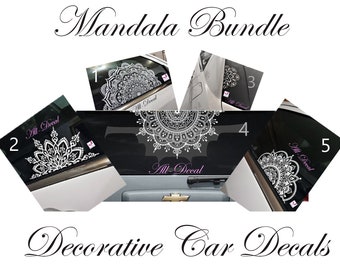 May include: A Mandala Bundle of five white decorative car decals featuring intricate circular patterns. The images show the decals applied to vehicle windows, labeled with numbers one through five and the text All-Decal in pink script.