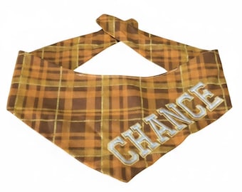 Orange Plaid Dog Bandana, Personalized Name, Golden Orange Plaid Dog Bandana Tie Style, 100% Cotton