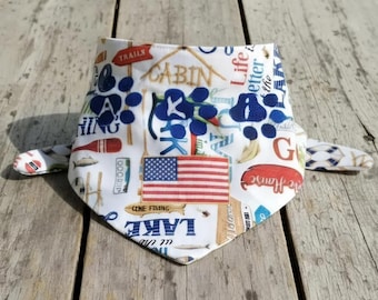 Personalized Embroidered Dog Bandana - Camping Lake Cabin Fishing Theme with American Flag & Paw Prints
