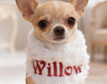 Personalized Embroidered Plush Dog Bandana – White Fleece Scarf with Custom Name