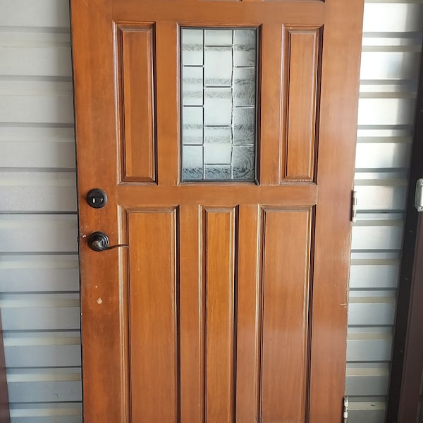 Old Vintage Front Entry Door, Reclaimed Wooden and Leaded Glass 8 Raised Panel Exterior Door, 35 7/8" x 80"