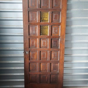 Vintage Entry Door, Old Spanish Style Mid Century Door, Refinished 21 Panel 2 Amber Lite Wooden Rustic Door, 32" x 80"