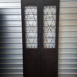 Interior Entry Double Doors, Vintage Wooden Half Lite Iron Metal Inset Scroll Double Doors, Bi-Fold Doors, French Doors, 37.5&quot; x 90 3/4&quot;