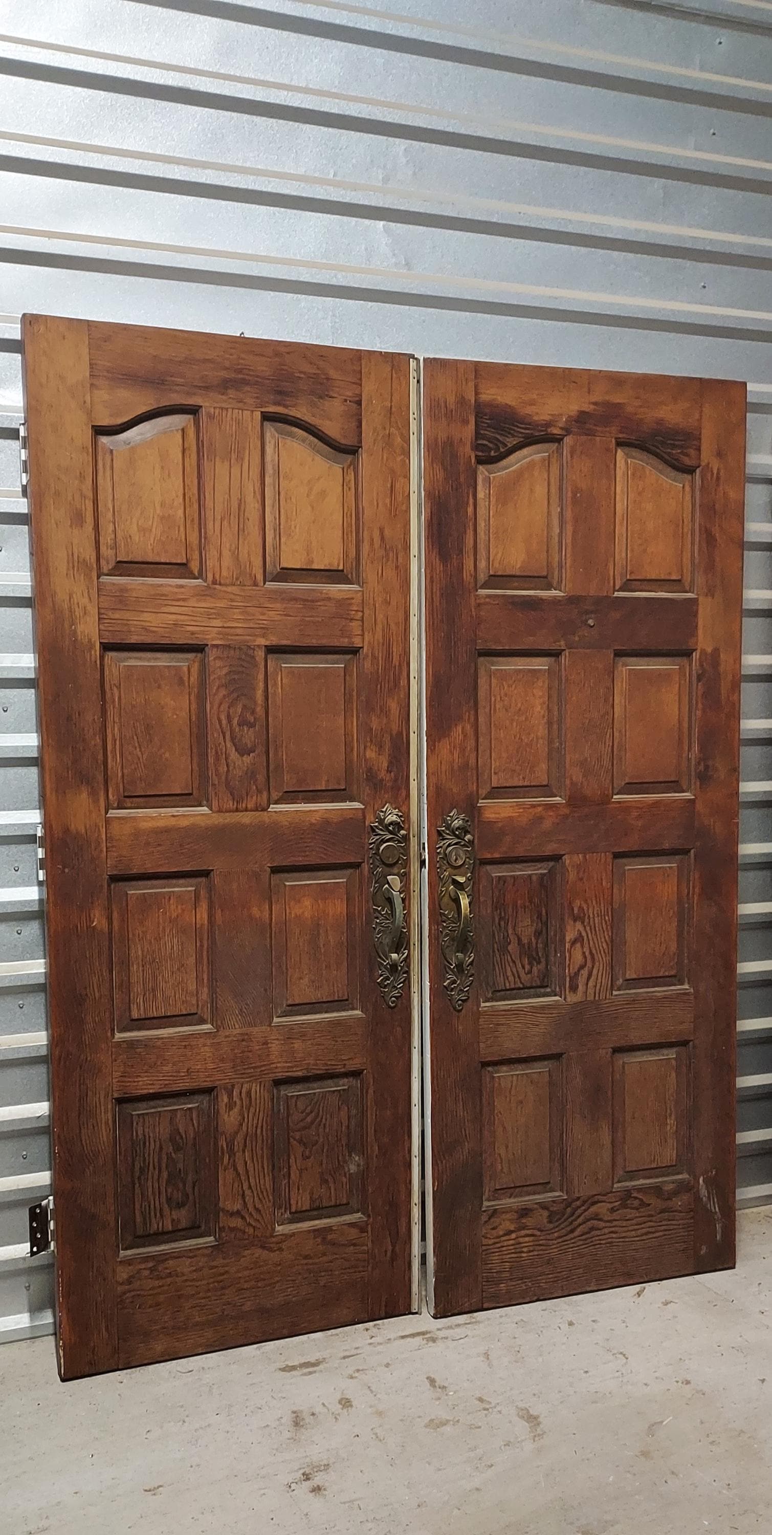 Pair Vintage 1970 Mid Century Front Entry Double Doors, Carved 8 Panel Spanish Style Exterior Doors, 60" x 79 3/8", Architectural Salvage