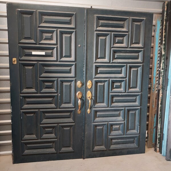 Vintage Front Entry Double Doors, Pair of Mid Century Modern Geometric Multi Panel Doors, Wooden Spanish Style Double Doors, 72" x 77 5/8"