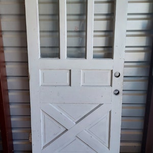Vintage Front Entry Door, Old Wooden Crossbuck Exterior Door With 3 Top Arched Glass Lites, Arts And Crafts Door, 36" x 77.5"