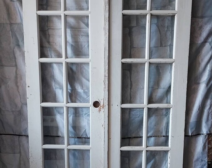 Pair of Vintage Rustic Farmhouse 10 Glass Pane Wooden Double Exterior