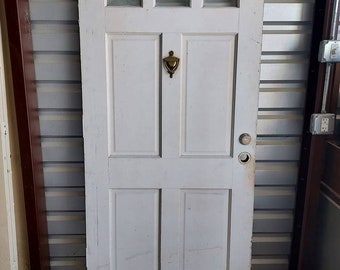 Vintage Wooden 4 Panel Front Entry Exterior Door With 3 Top Arched Glass Lites, Arts And Crafts Door, 36" x 79"