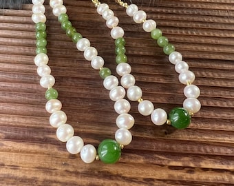 Beaded Necklace with Freshwater Pearls 18K Gold Jade, Necklace with Pendant, Necklace Bracelet Set