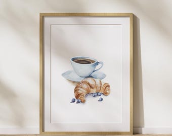 Wall Art Poster, Watercolor Coffee and Croissant Print, Kitchen Decor Signage, Cafe Wall Decor, Breakfast Food Art Print, Bakery Art Poster