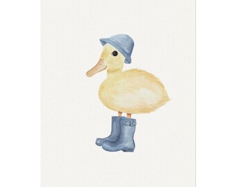 Póster de patito con botas de lluvia en acuarela, decoración de pared para habitación infantil, impresión mate, arte de vida silvestre texturizado, decoración de habitación infantil, acuarela de animales