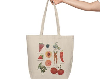 Watercolor Fruits & Vegetables Canvas Tote Bag, Reusable Grocery Shopping Bag