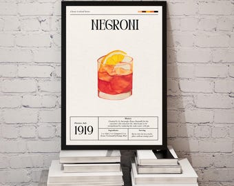 Impresión artística en acuarela de cóctel Negroni, receta vintage, ilustración de bebida pintada a mano: decoración de bar perfecta y regalo para amantes de los cócteles