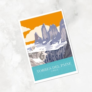 Vintage Travel Postcard, Patagonia Art Print, Torres del Paine National Park Illustration, Wall Art Decor, Traveler Gift, Travel Wall Art