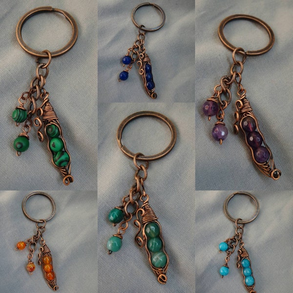 SALE Pea Pod Keychains with Gemstone Beads Rustic Antique Copper Wirewrap Vintage Boho Filigree gift for him her handmade special earthy