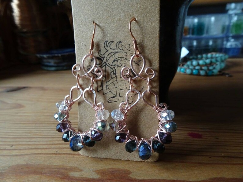 RoseGold Wire Wrapped Earrings Crystal Glass Beads with hypoallergenic Earhooks antique vintage style bollywood indian hippie boho gift idea