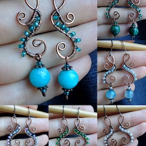 Rustikale Antik Kupferdraht Ohrringe mit Edelstein Perlen antikes vintage Boho Hippie Geschenk