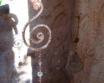 Spiral Copper Suncatcher with Crystal Glass Beads and Prism Unique Antique Vintage Style Rustic Boho Hippie gift idea home magical items