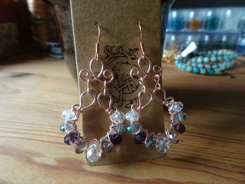 RoseGold Wire Wrapped Earrings Crystal Glass Beads with hypoallergenic Earhooks antique vintage style bollywood indian hippie boho gift idea