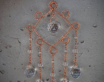 Copper Suncatcher with Crystal Glass Beads and Prisms Unique Antique Vintage Style Rustic Boho Hippie gift idea home magical items