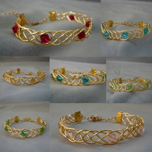 Pulsera trenzada de alambre dorado con bicones de cristal, estilo vintage bohemio, ideal como regalo para ella, estilo antiguo, romano, celta, etrusco, egipcio, griego.
