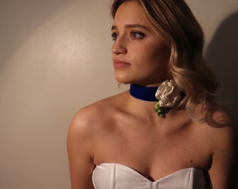 Peacock blue velvet choker with cream satin rose choker