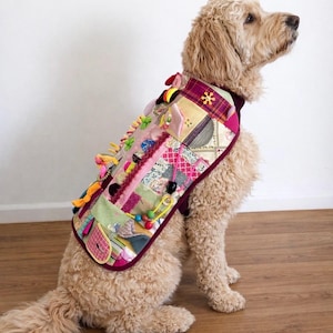 May include: A tan dog wearing a colorful patchwork vest. The vest features various fabric patterns, textures, and embellishments, including buttons, beads, and tassels. The vest is trimmed with a dark burgundy fabric.