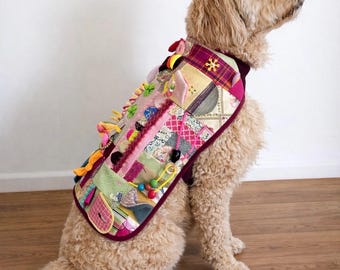 Könnte beinhalten: Ein beigefarbener Hund trägt eine bunte Patchwork-Weste. Die Weste weist verschiedene Stoffmuster, Texturen und Verzierungen auf, darunter Knöpfe, Perlen und Quasten. Die Weste ist mit einem dunkelburgunderfarbenen Stoff eingefasst.