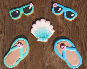 Beach cookies beach wedding favors sunglasses shell flip flop cookies vacation cookies royal icing decorated sugar cookies
