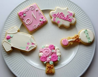 Pink baby shower cookie assortment baby girl cookies onsie cookies personalized custom cookies for baby shower