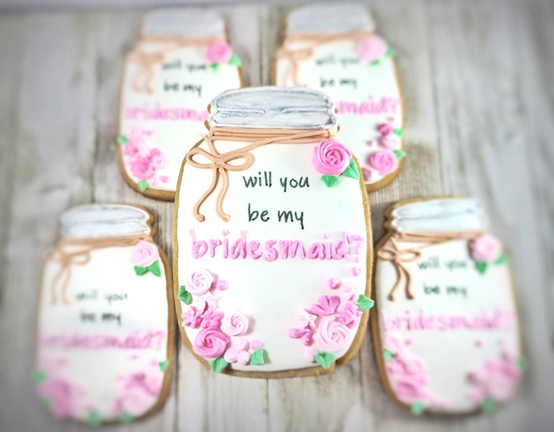 Bridesmaid proposal cookies bridesmaid gift wedding party reception dessert table decorated wedding cookie bridal shower cookie decorated Pink (pictured)