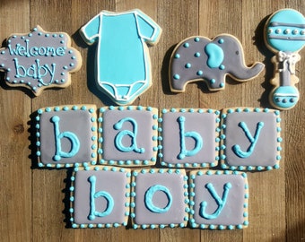 Boy baby shower cookie assortment handmade baby shower gift or favor custom personalized cookies