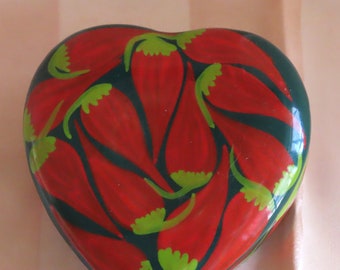 1980's Hand Painted Ceramic Heart Shaped Chili Pepper Trinket Box