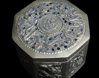 Antique Chinese Octagonal Silver Metal Hinged Trinket Box Filigree Style Lid