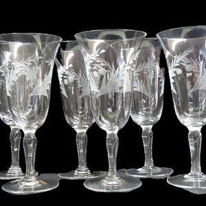 Vintage Stemmed Etched Depression Glass Wine/Aperitif Glasses - Set of 6