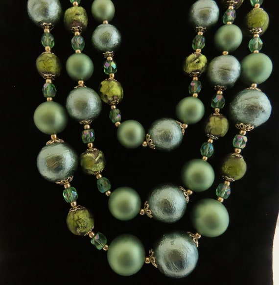 Mid-Century Three Strand Beaded Necklace and Earr… - image 2