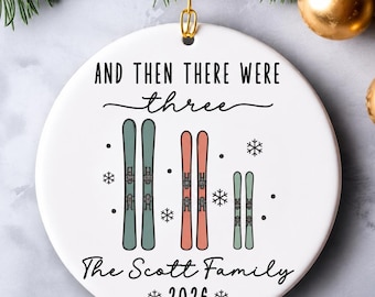 Family of Three Christmas Ornament, Skiing Family of 3 Gift, Custom 2026 Ornament, Personalized Baby's First Christmas Ornament, New Parent