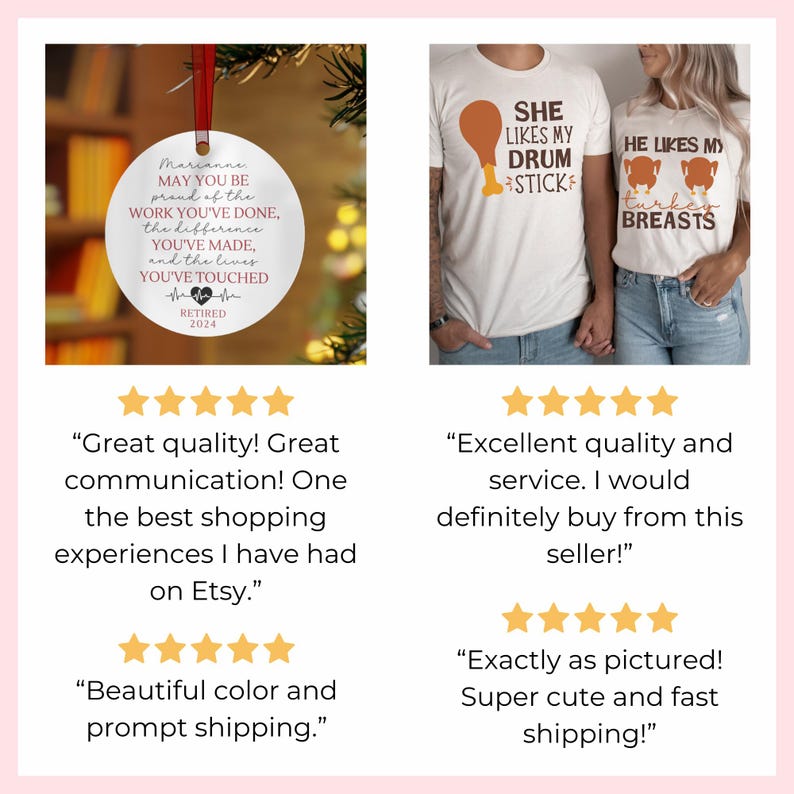 May include: A white round ornament with a red ribbon, featuring a retirement message and the year 2024. Also, two white t-shirts with humorous Thanksgiving-themed graphics: "She Likes My Drumstick" and "He Likes My Turkey Breasts."