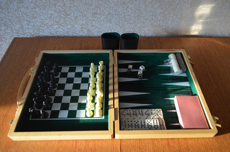 cards Backgammon Checkers Game set with Chess Domino Gift in honor of a birthday