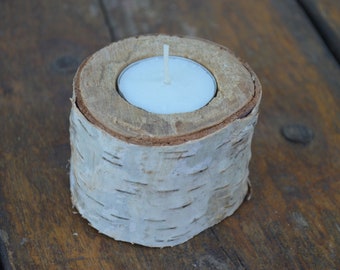 Birch Natural Rustic Wedding Candle - Woodland Wedding Decor Holder - A Rustic Candle Holder . Birch candle. Wood tealight holder.