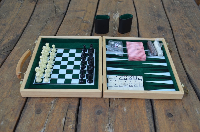 cards Backgammon Checkers Game set with Chess Domino Gift in honor of a birthday