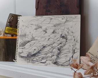 Black and White Landscape Drawing Hand Made Original Pencil Art. Minimalist Decoration.