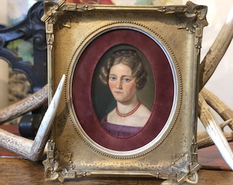 Antique Portrait of a Woman In Velvet Frame. Girl Portrait. Old Portrait. Woman in Purple. 1800s Portrait. Female Portrait.