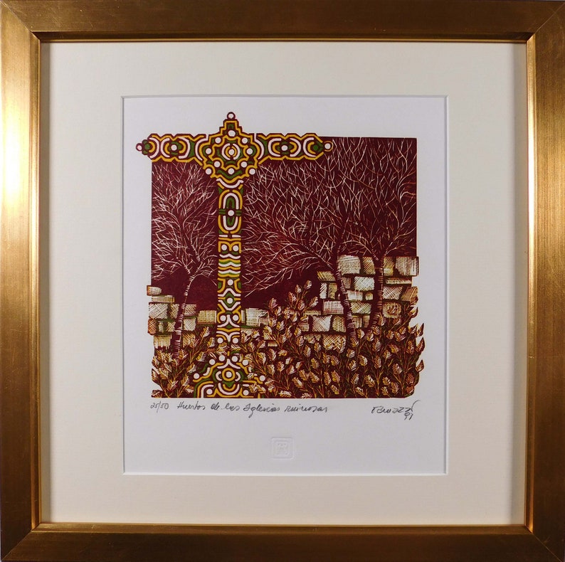 Spanish Print. Spanish Cross. Christian Art. Poetry Art. Vintage Framed Art. Spiritual Wall Art image 1