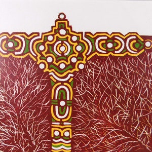 May include: A white cross with green, yellow, and red details against a red background with white lines. The cross is a stylized design with circles and curved lines.